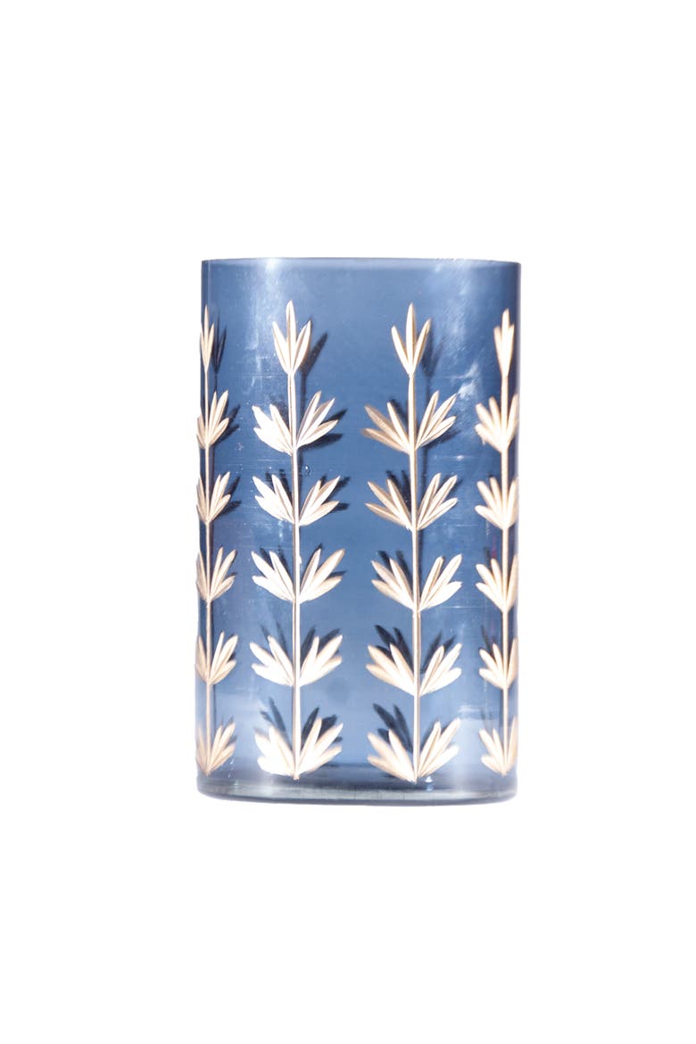 Hand-Painted Cut Glass Candle Holder/Vase with Botanical Design, Navy and Gold Finish, Main, color, Navy