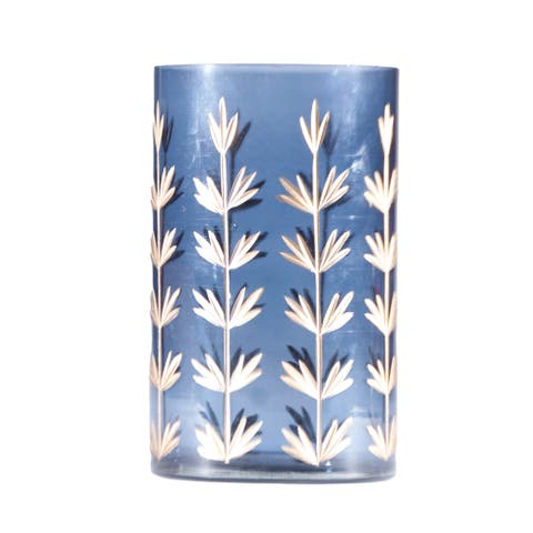 Hand-Painted Cut Glass Candle Holder/Vase with Botanical Design, Navy and Gold Finish