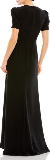 Flutter Sleeve Faux Wrap V-Neck Embellished Tea Length Dress