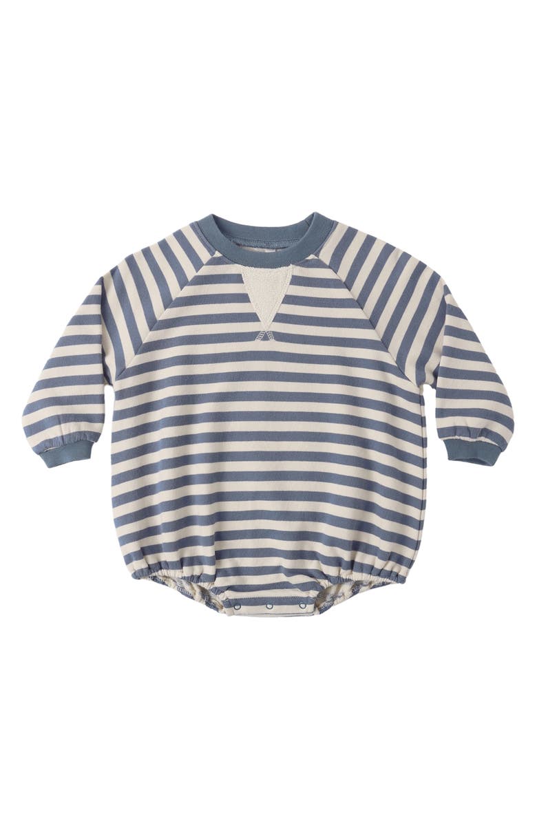 Rylee + Cru Stripe Crewneck Cotton French Terry Bubble Romper, Main, color, Marine