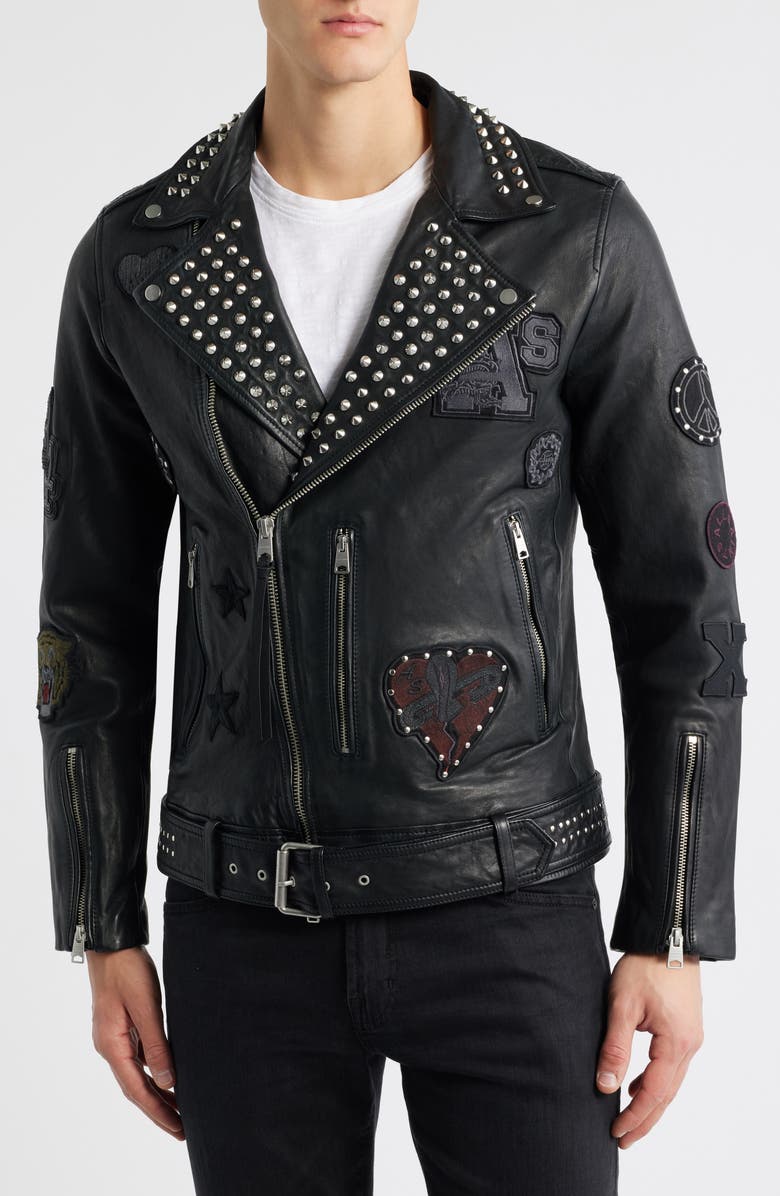 AllSaints Cole Studded Lambskin Leather Biker Jacket, Alternate, color, Black
