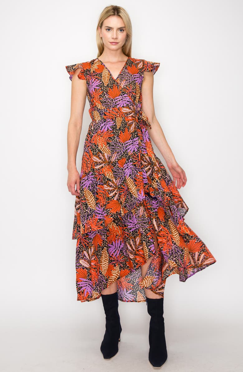 MELLODAY Floral Print Flutter Sleeve Faux Wrap Midi Dress, Alternate, color,