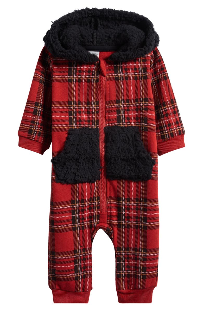 PL Baby by Petit Lem High Pile Fleece Lined Plaid Coverall, Main, color, Red
