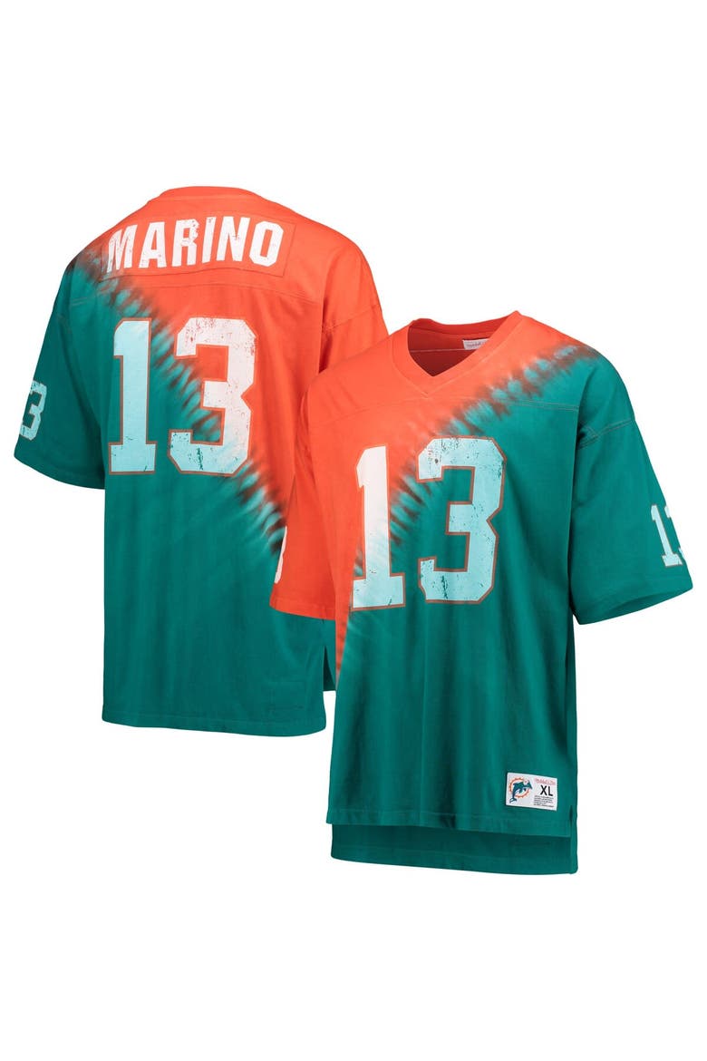 Men's Mitchell & Ness Dan Marino Orange/Aqua Miami Dolphins Retired Player Name & Number Diagonal Tie-Dye V-Neck T-Shirt, Main, color, Orange