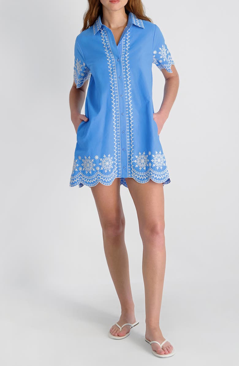 French Connection Alissa Embroidered Cotton Mini Shirtdress, Main, color, Poolside Blue-White