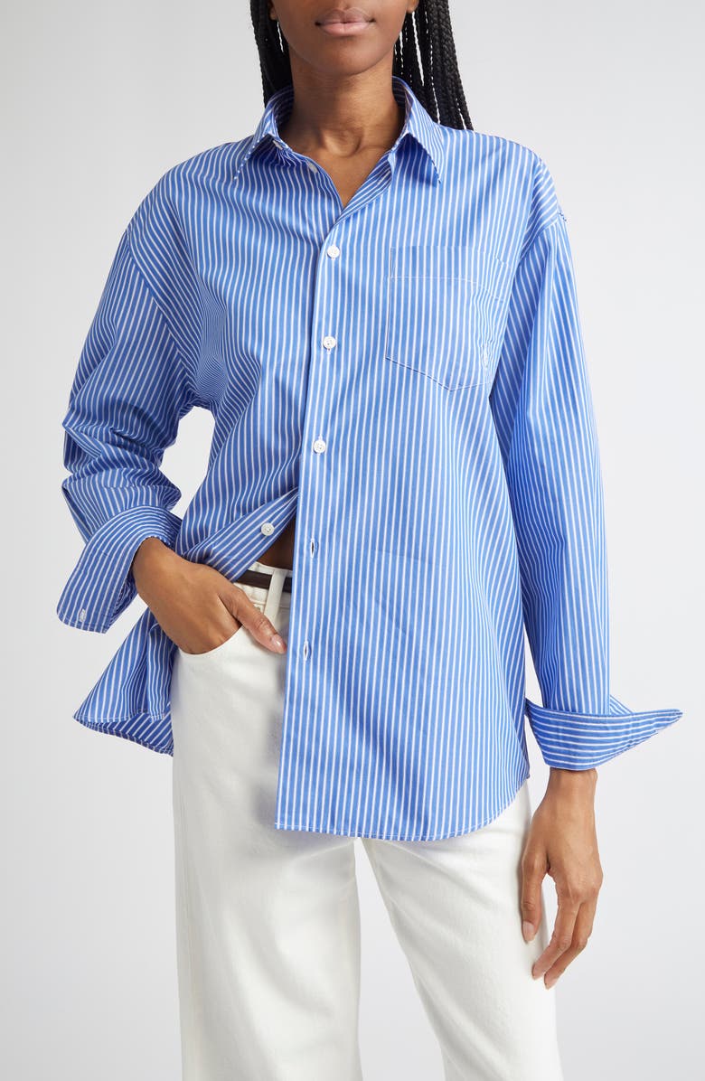 Sporty & Rich SRC Stripe Oversize Cotton Poplin Button-Up Shirt, Main, color, Blue Striped