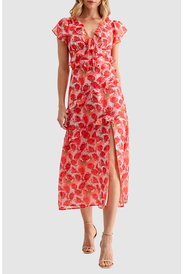 Flutter Sleeve Ruffle Midi Dress, Main, color, RED FLORAL