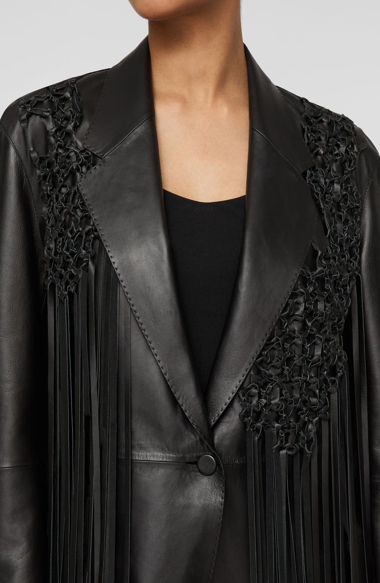 Lafayette 148 New York Macramé Fringe Leather Blazer, Alternate, color, Black