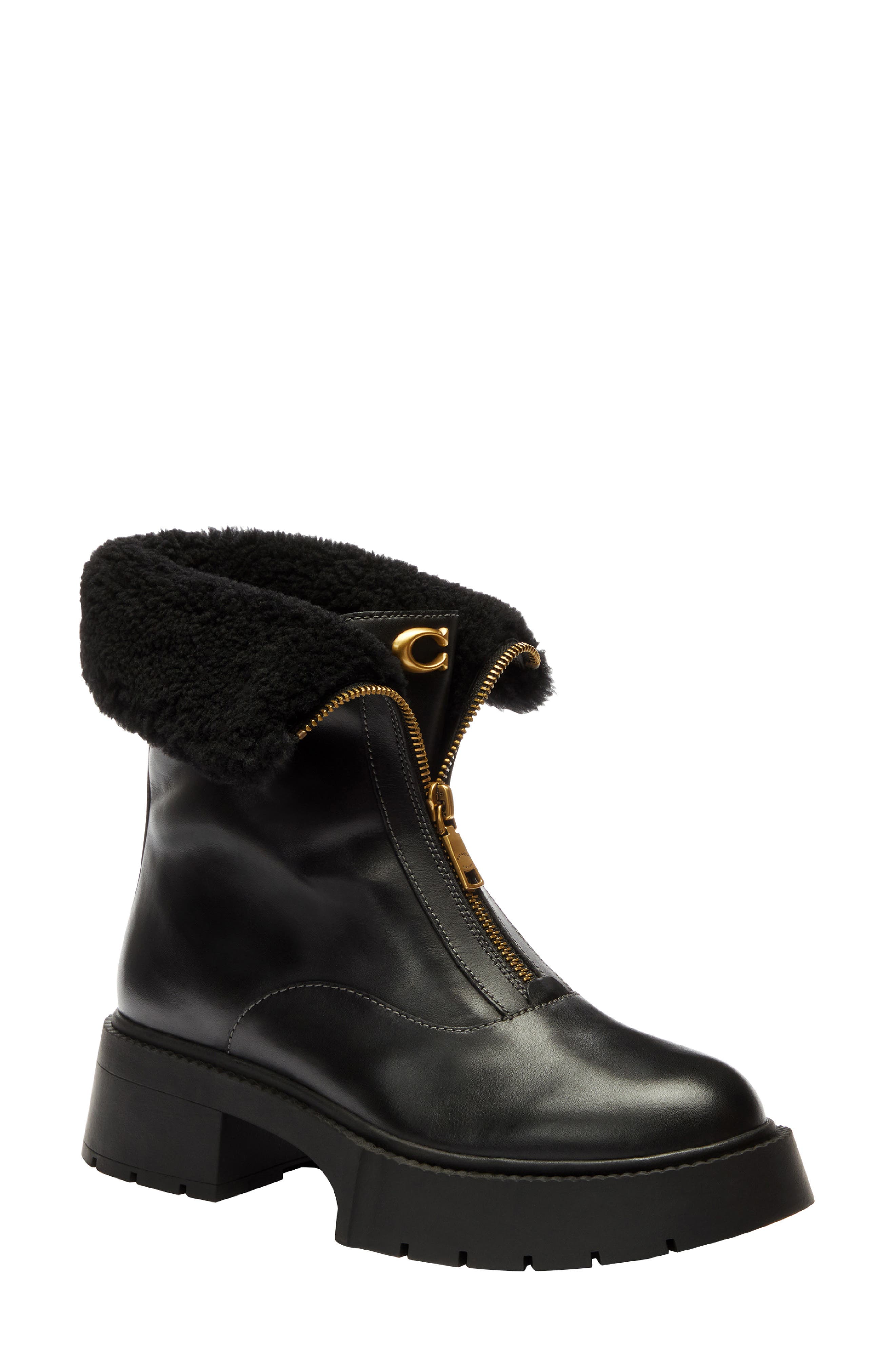 COACH Leah Genuine Shearling Trim Platform Zip Boot, Main, color, Black