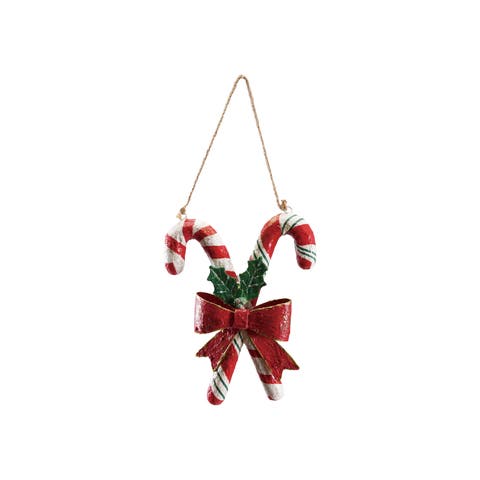 Iron & Paper Mache Glitter Candy Cane Wall Decor with Festive Bow