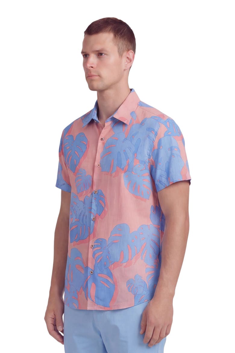 Monstera Floral Mens Linen Button-up Shirt, Alternate, color, MONSTERA FLORAL CORAL