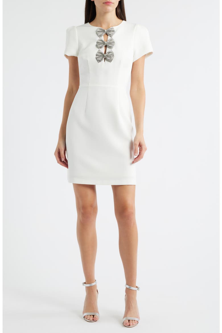 Rhinestone Bow Detail Satin Dress, Main, color, ECRU