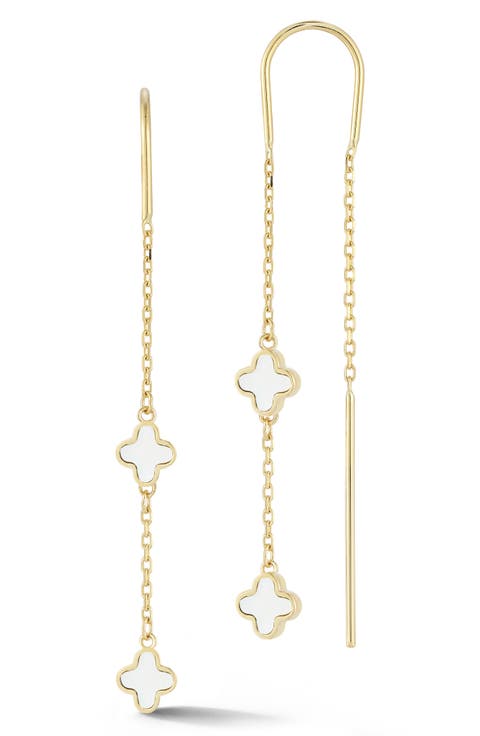 14K Gold Mother of Pearl Clover Threader Drop Earrings