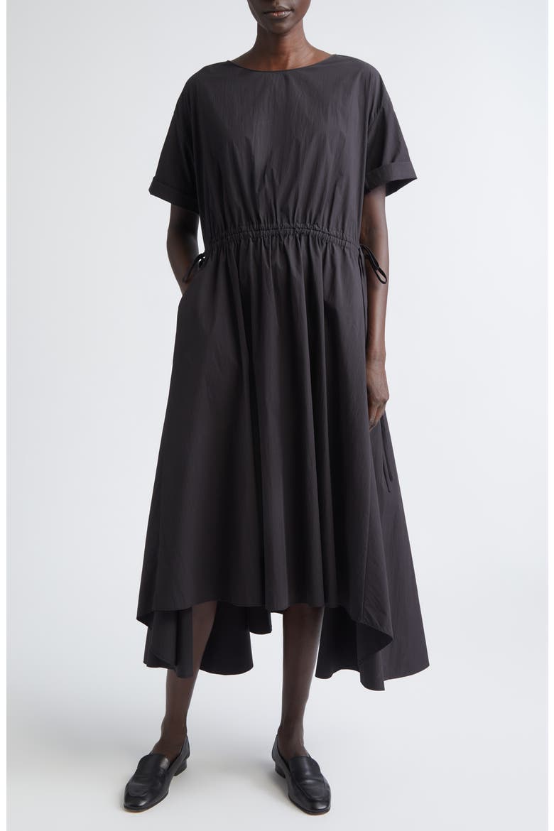 Travel Cotton Gathered Waist Shift Dress, Main, color, BLACK