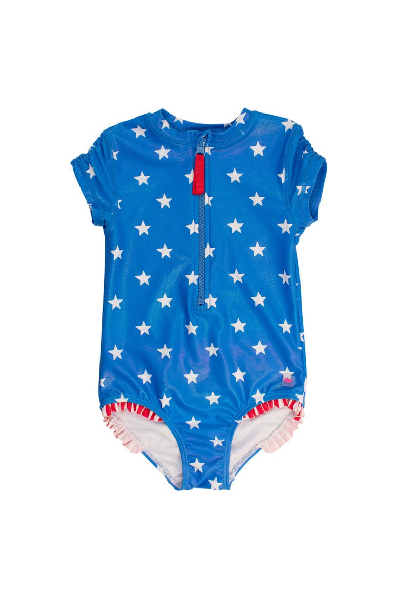 Girls Short Sleeve UPF50+ One Piece Rash Guard, Main, color, Shimmer Stars & Stripes