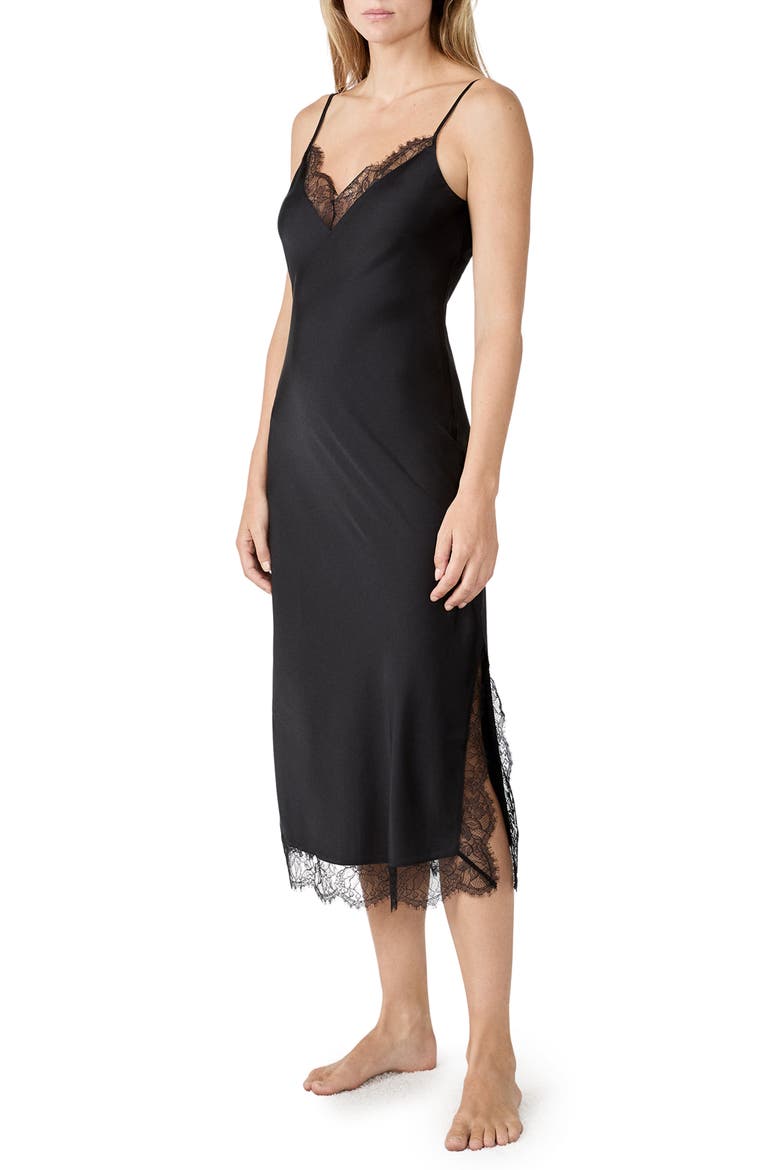 Confidence Lace Trim Stretch Satin Chemise, Main, color, BLACK