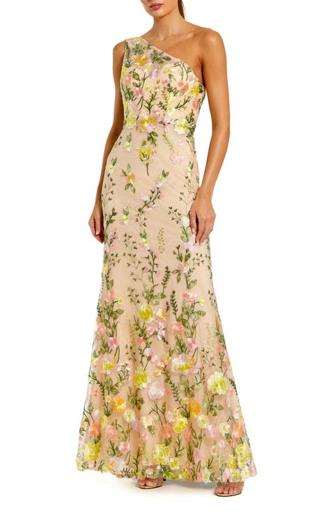 One Shoulder Lace Embroidered Gown