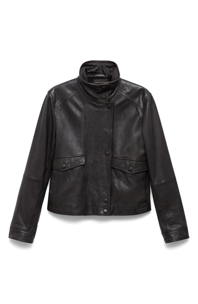 MANGO Stand Collar Leather Jacket, Alternate, color, 
