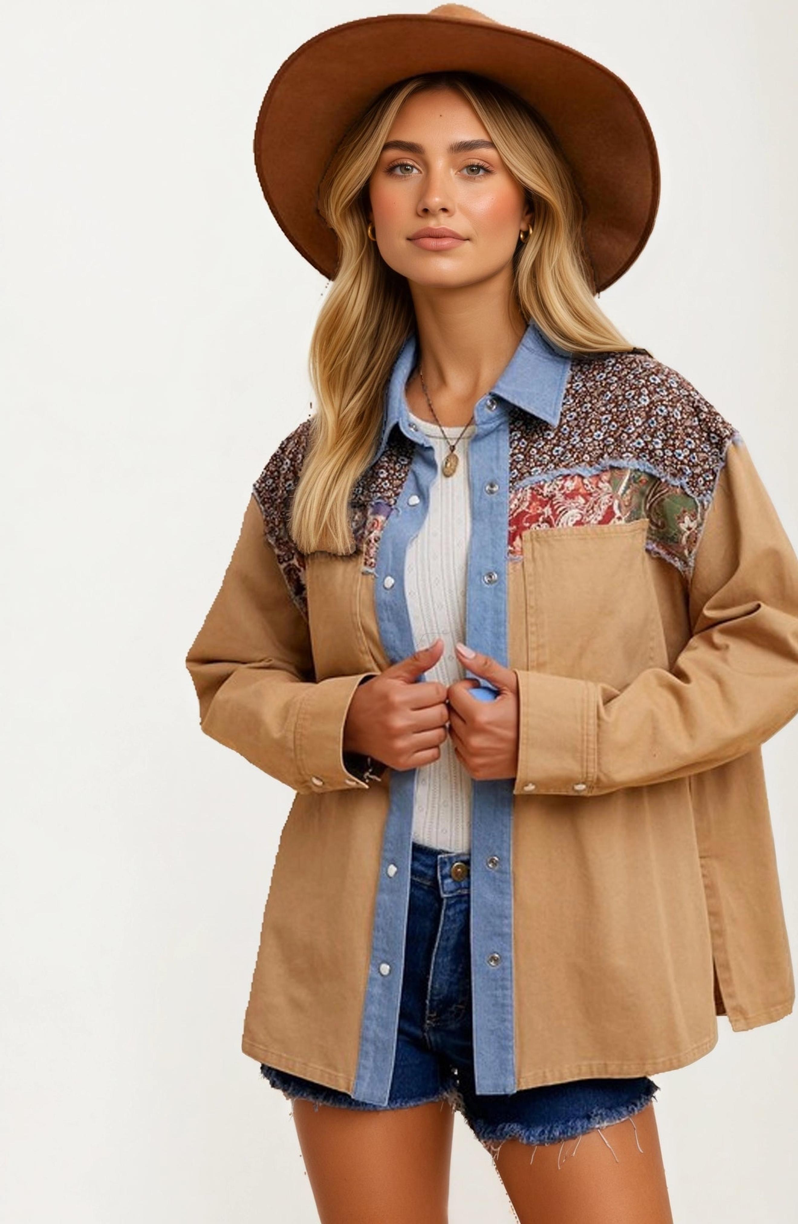 Patchwork Denim Trim Floral Accents Button-Up Jacket