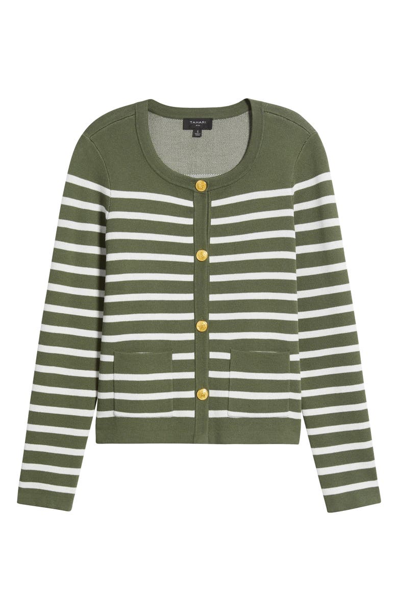 Tahari ASL Stripe Cardigan, Alternate, color, Martini Olive Ivory