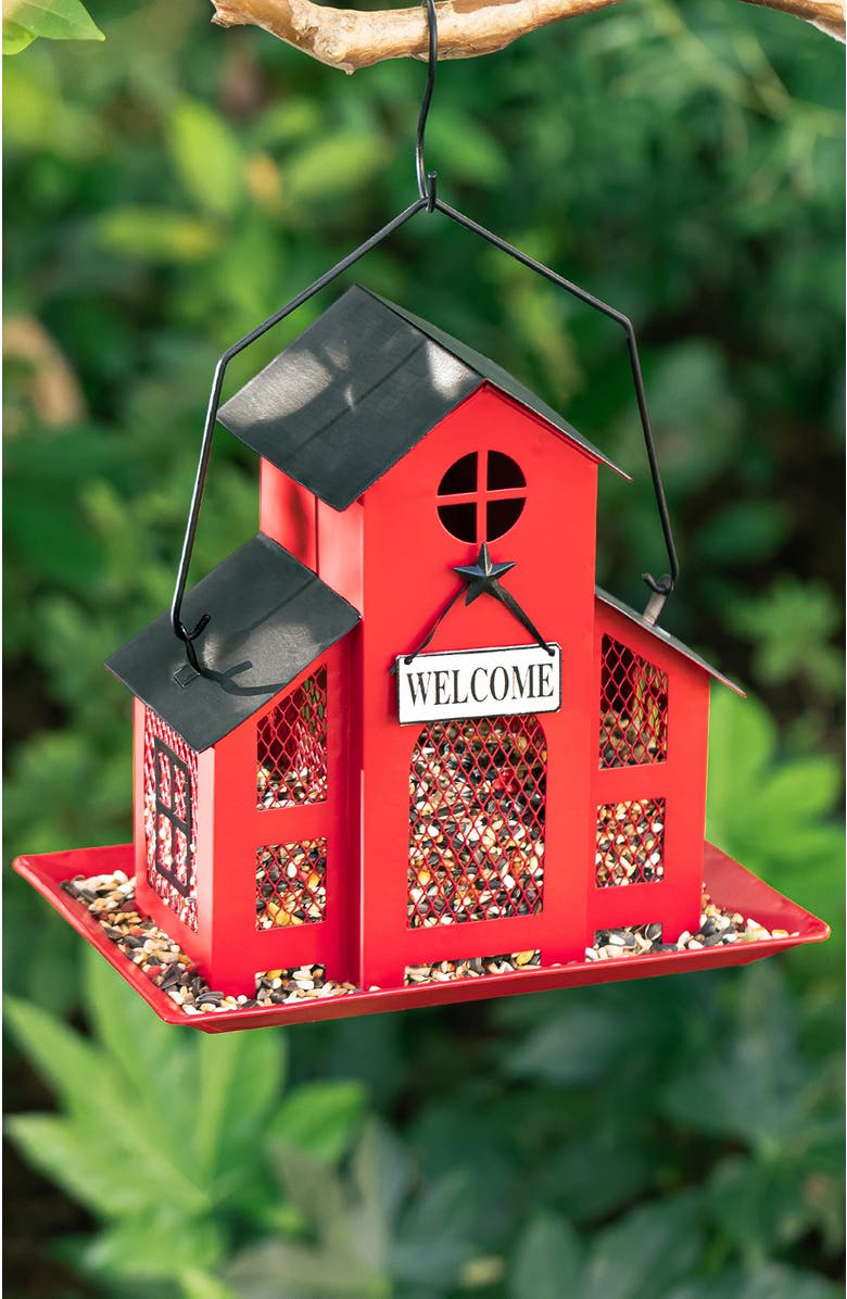 Glitzhome 12"H Metal Red House Hanging Birdfeeder, Alternate, color, Red