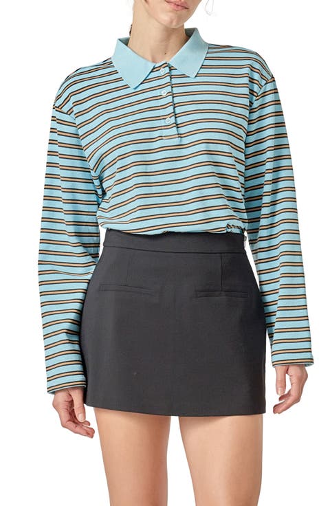 Stripe Contrast Collar Cotton Blend Henley Sweatshirt