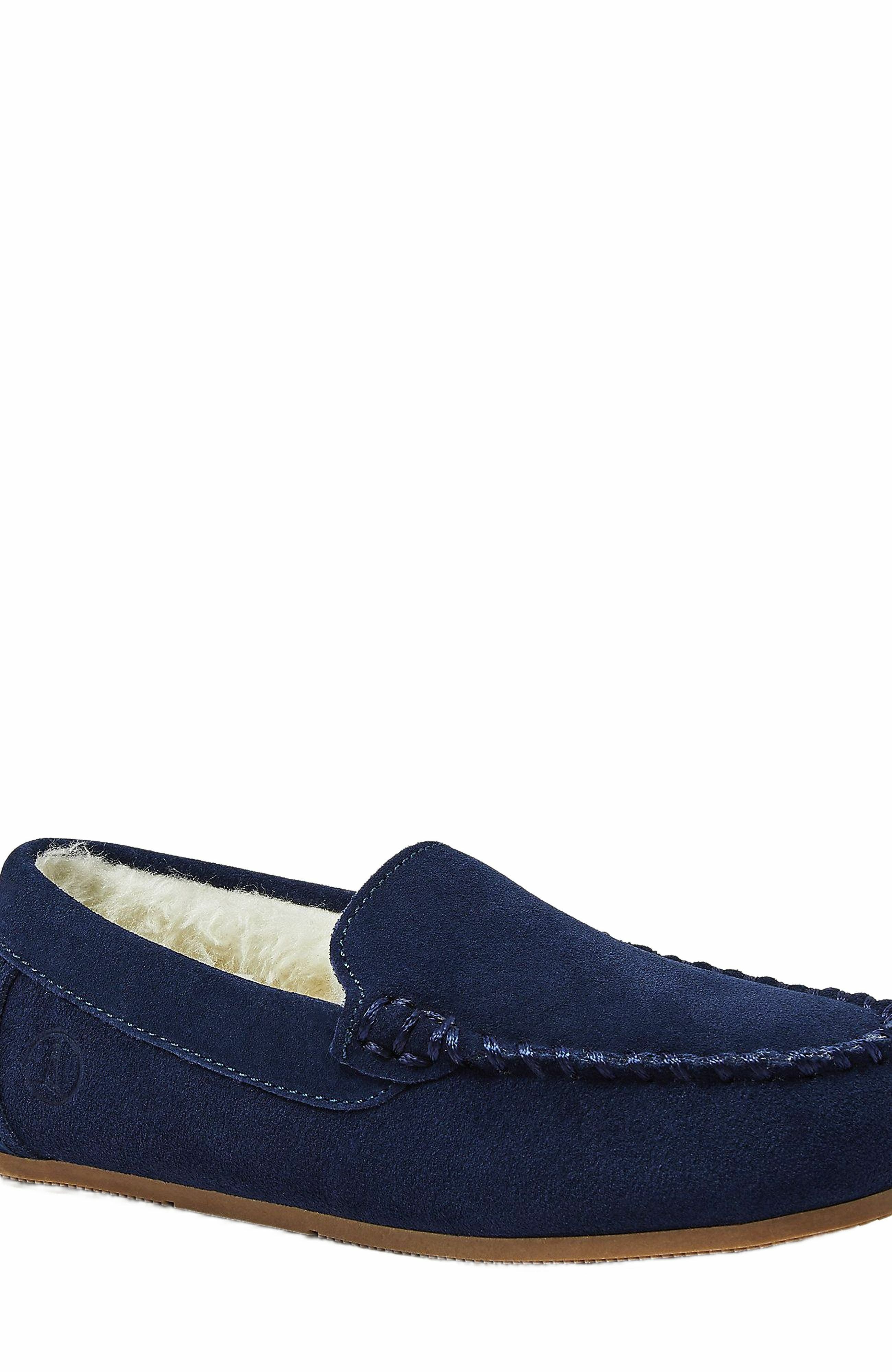 Lands' End Kids Fuzzy Lined Suede Moccasin Slippers, Alternate, color, Radiant Navy Suede