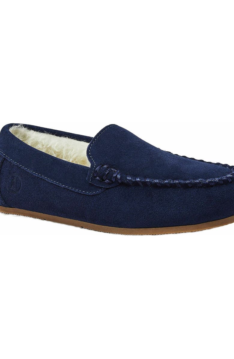 Lands' End Kids Fuzzy Lined Suede Moccasin Slippers, Alternate, color, Radiant Navy Suede