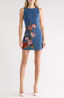 Alice + Olivia Cade Floral Embroidered Sleeveless Denim Dress