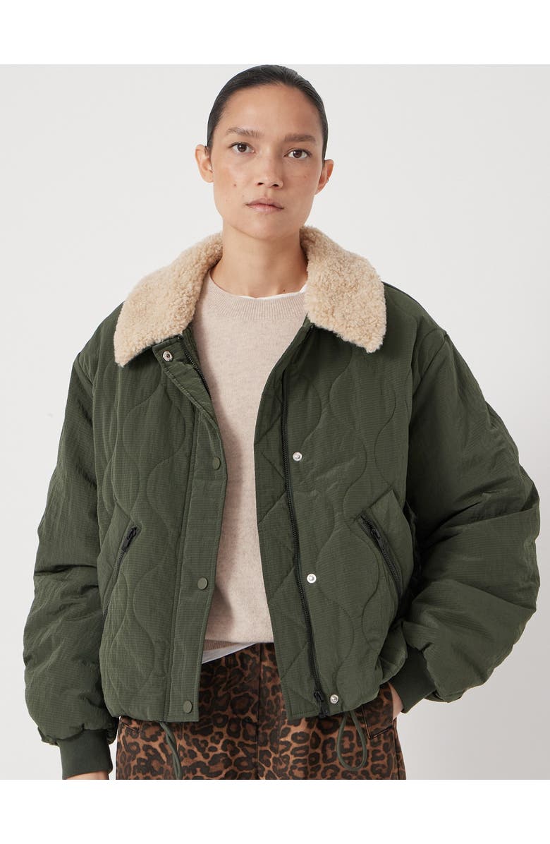 Hush Teddy Collar Quilted Bomber, Main, color, Grey Green