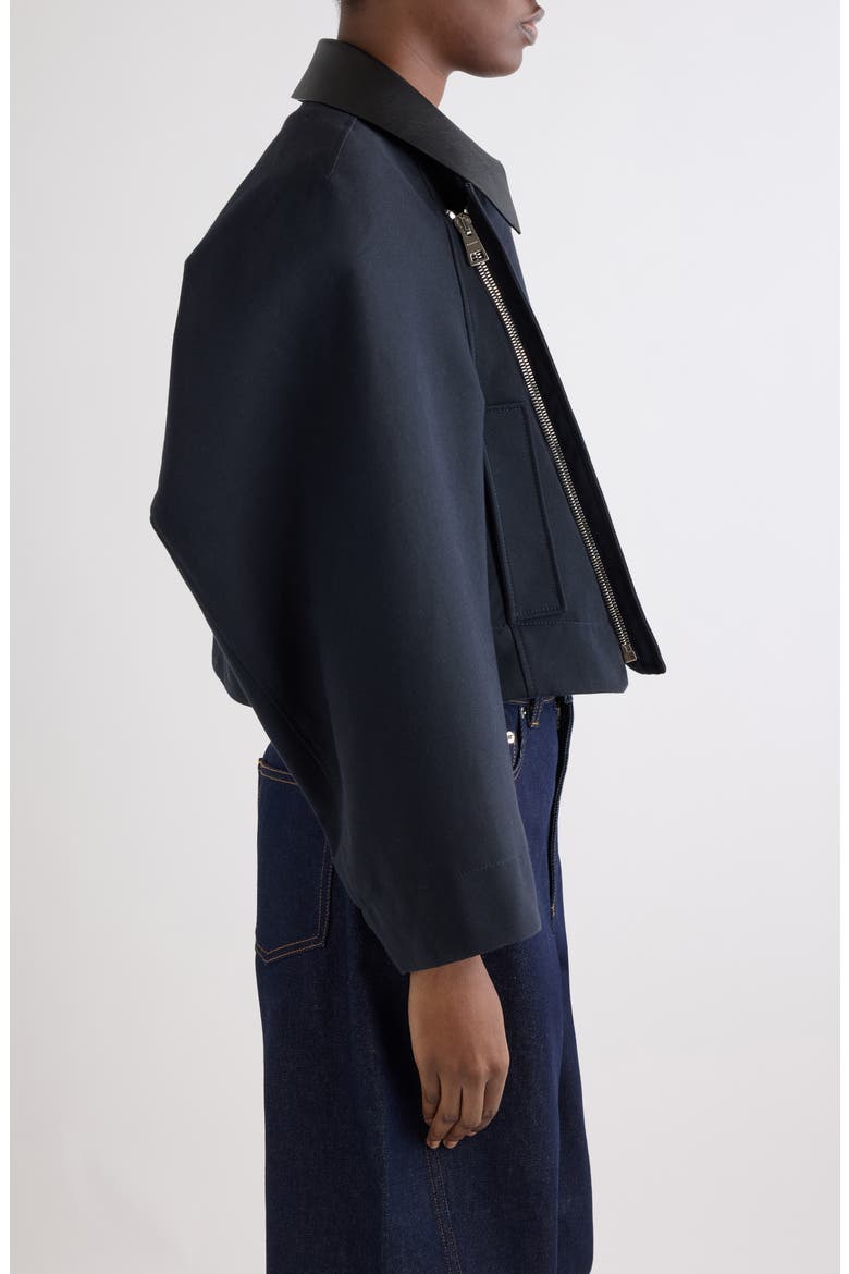 Leather Collar Gabardine Crop Trench Jacket, Alternate, color, DARK NAVY