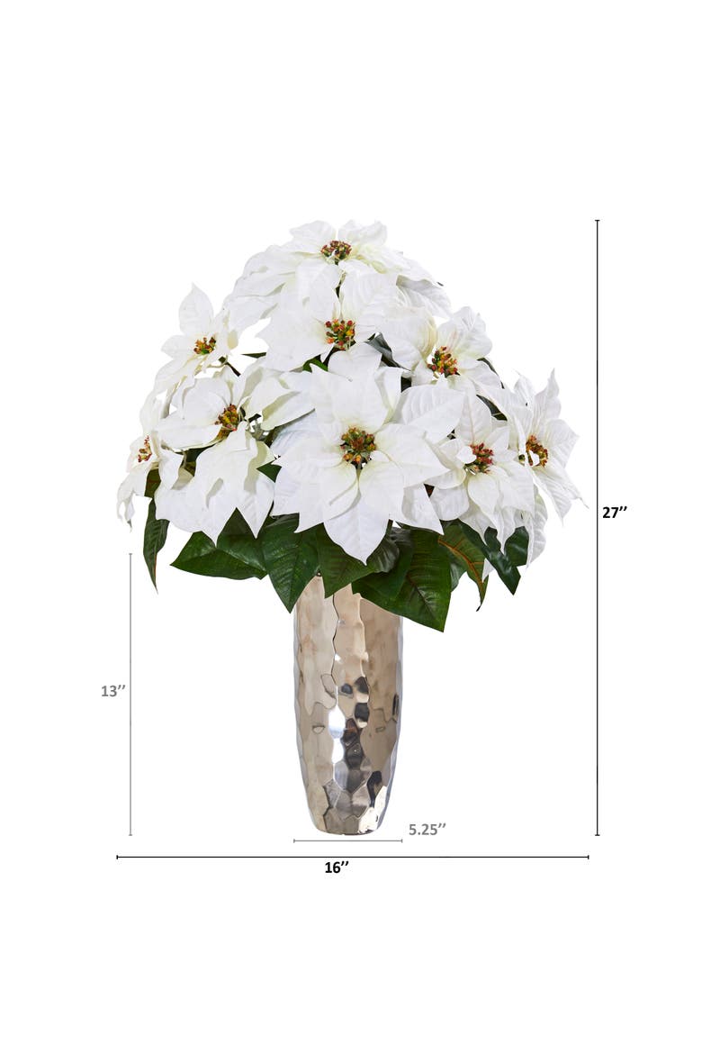 Poinsettia Artificial Arrangement in Silver Cylinder Vase, Alternate, color, White