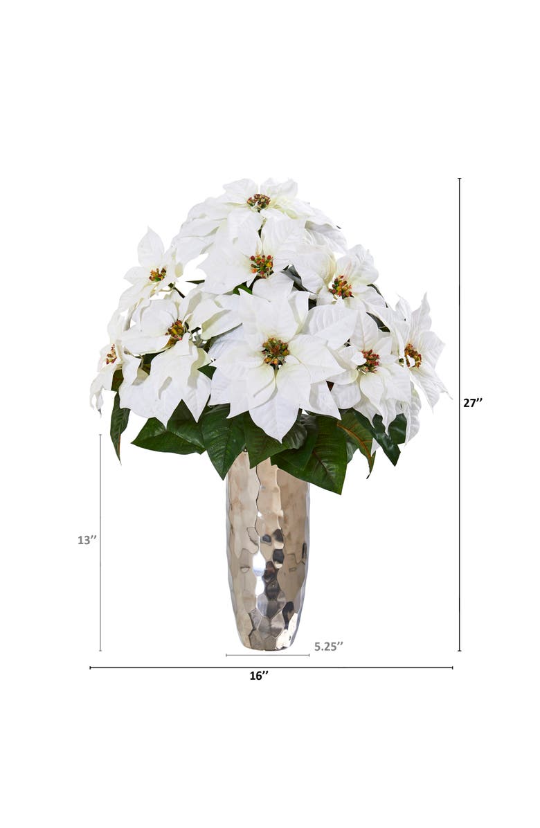 NEARLY NATURAL Poinsettia Artificial Arrangement in Silver Cylinder Vase, Alternate, color, White