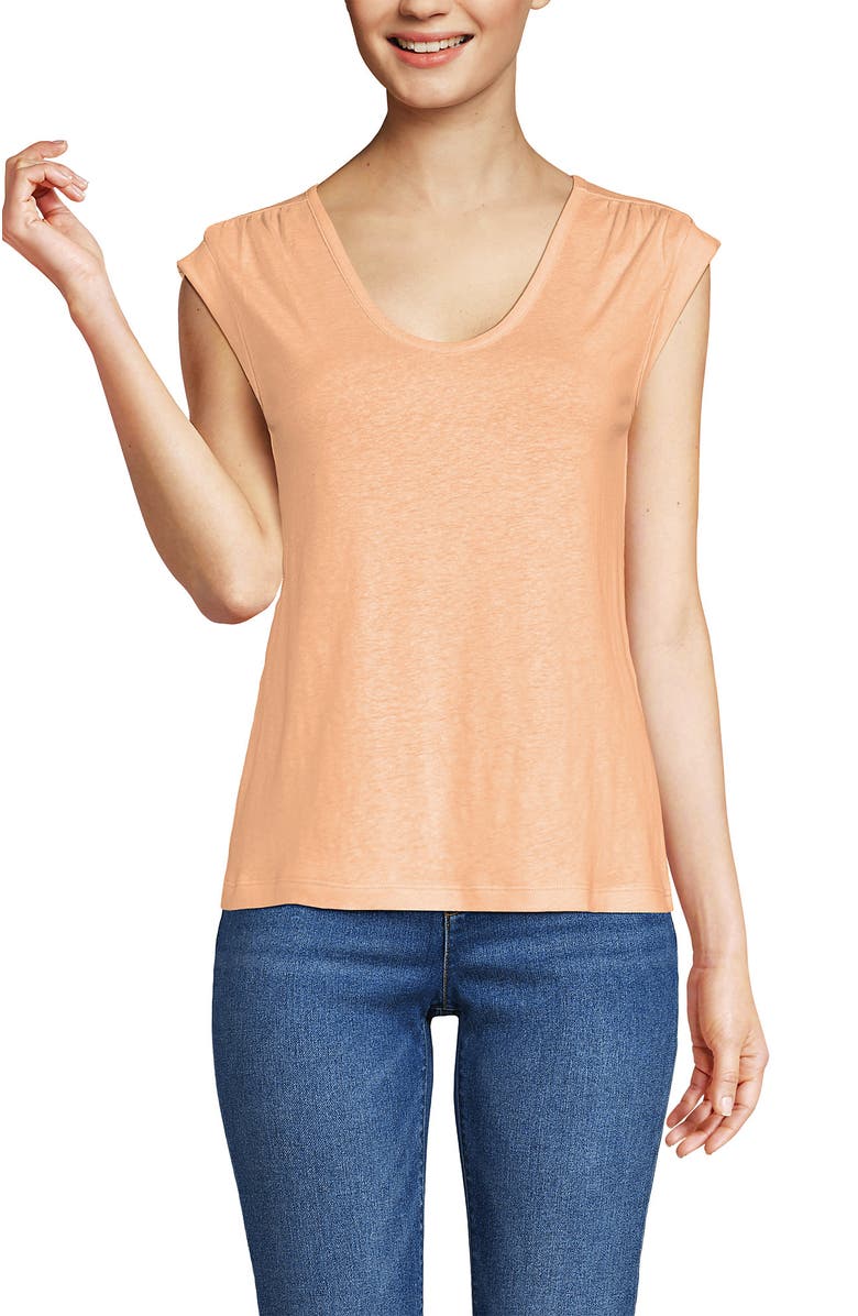 Lands' End Linen Blend Cap Sleeve Gathered Shoulder Tee, Main, color, Peach Sorbet