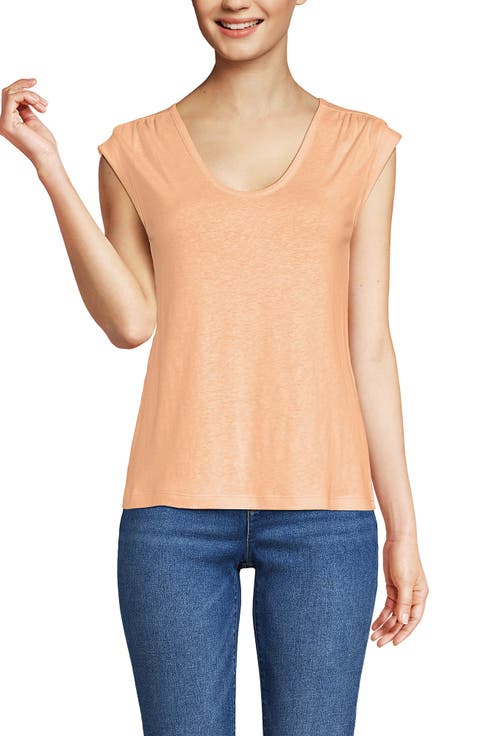 Linen Blend Cap Sleeve Gathered Shoulder Tee