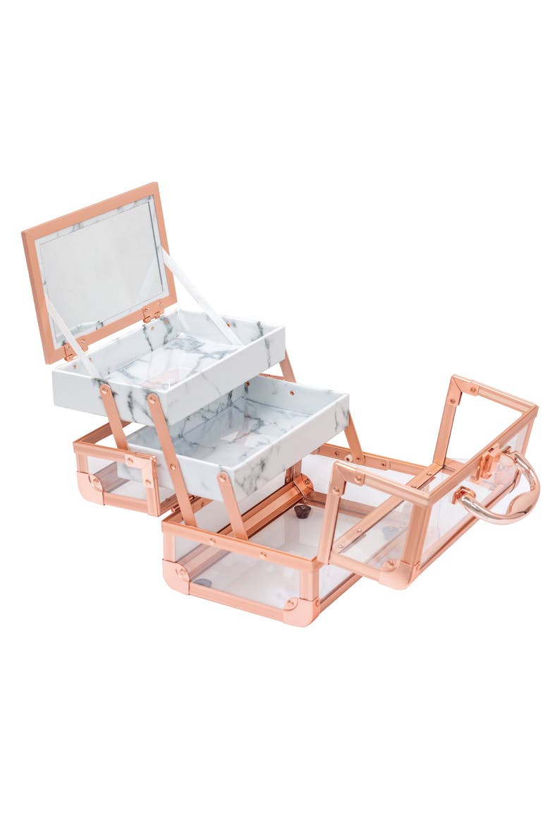 Savvy Lux Makeup Travel Case with Mirror - Rose Gold Clear Marble, Alternate, color, Rose Gold Clear White Marble