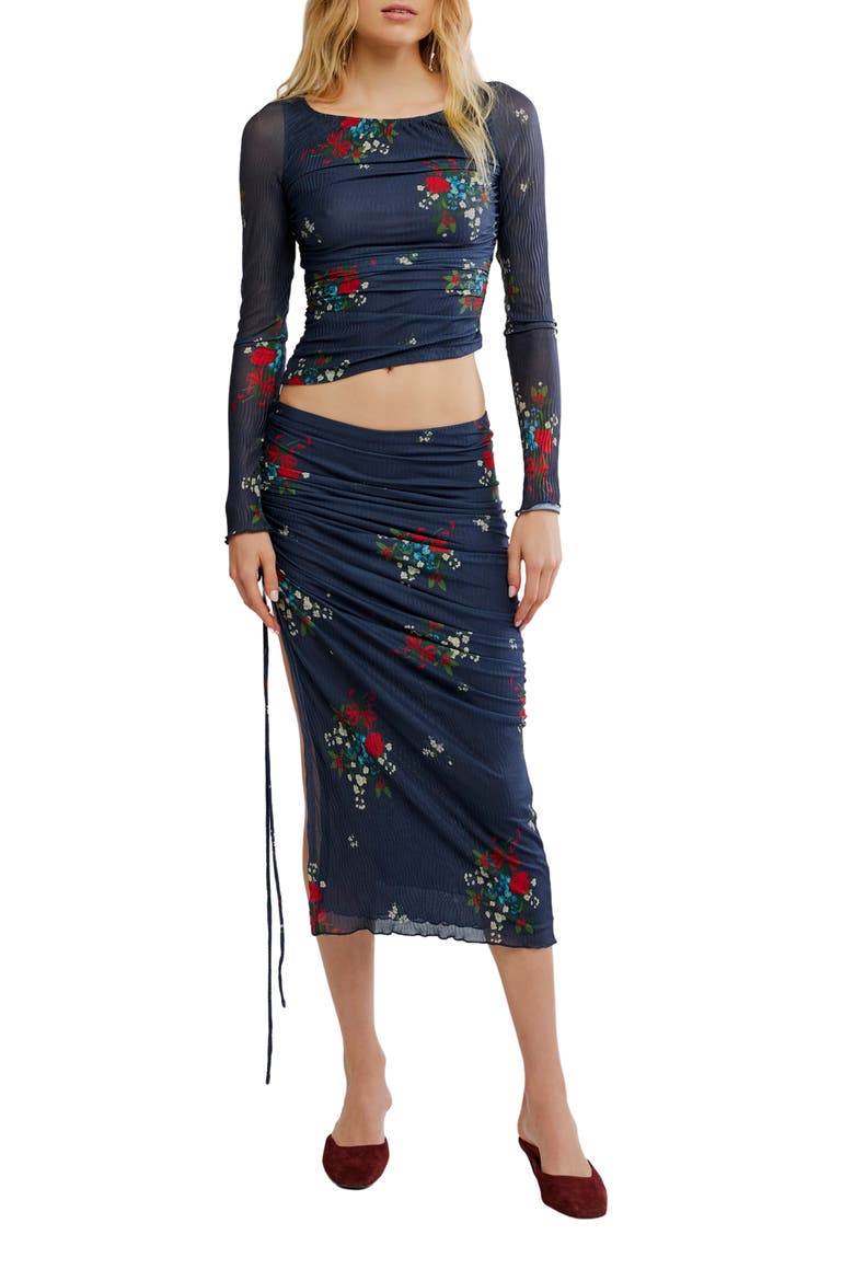 Crimson Lights Floral Mesh Crop Top & Skirt Set, Main, color, NAVY COMBO