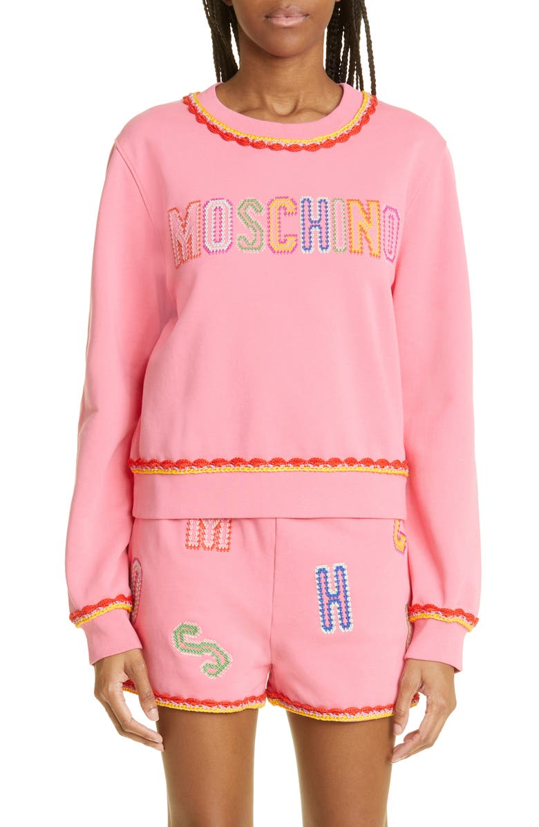 Moschino Crochet Logo Cotton French Terry Sweatshirt, Main, color, 