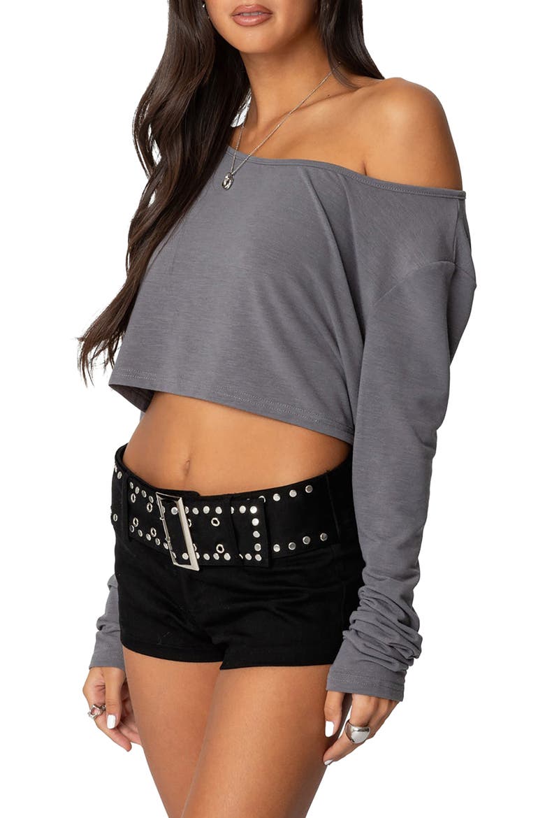 One-Shoulder Long Sleeve Crop Top, Alternate, color, GRAY