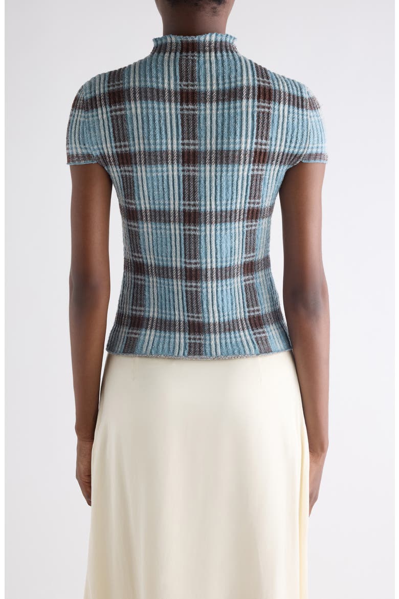 Plaid Short Sleeve Wool Funnel Neck Sweater, Alternate, color, BLUE/ BROWN