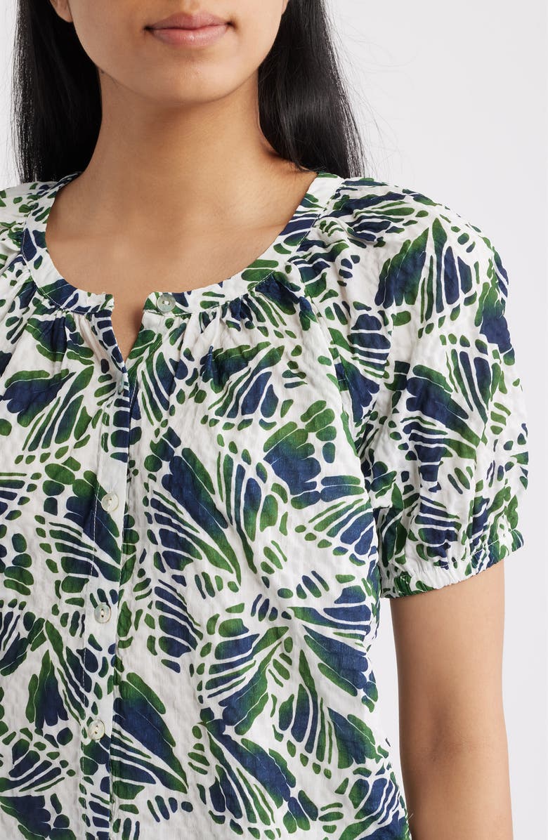 Bobeau Abstract Print Puff Sleeve Button-Up Top, Alternate, color, Navy/ Green