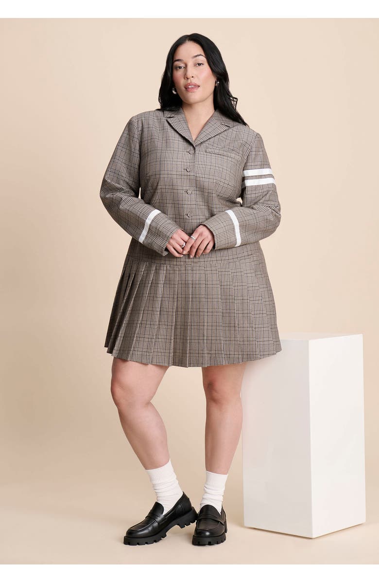 ELOQUII Pleated Plaid Mini Dress, Alternate, color, Brown Plaid