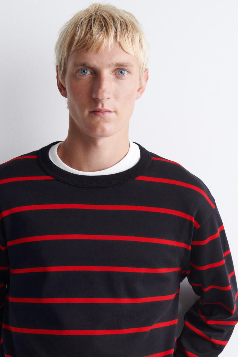 Relaxed Jersey Interlock Long-sleeved T-shirt, Alternate, color, NAVY / RED / STRIPED