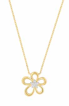 14K Gold Plated Sterling Silver Pavé Diamond Flower Pendant Necklace