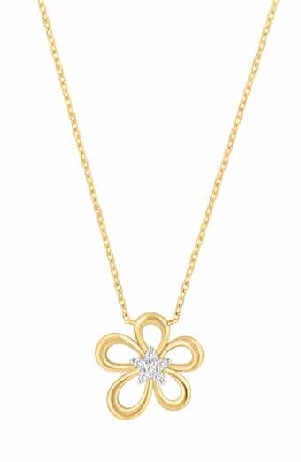 14K Gold Plated Sterling Silver Pavé Diamond Flower Pendant Necklace
