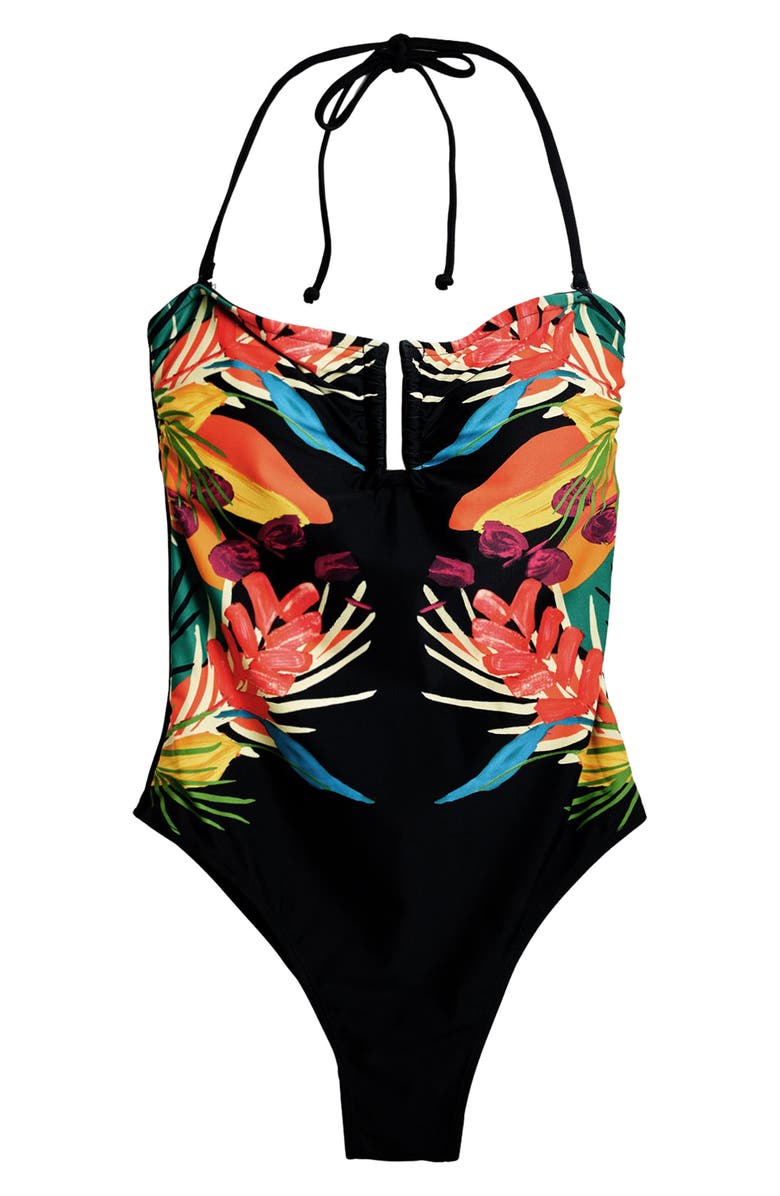 Desigual Placement Print One-Piece Swimsuit, Alternate, color, Black