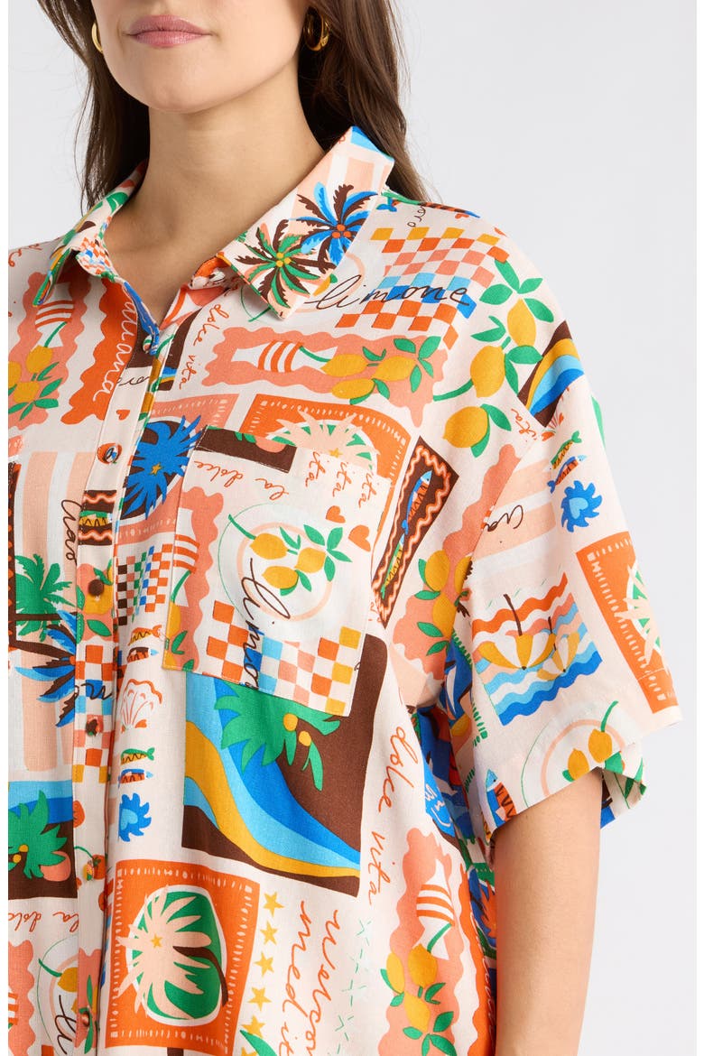 Print Loose Fit Button Up Top, Alternate, color, CORAL MULTI