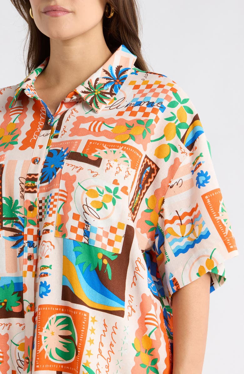 SUGARLIPS Print Loose Fit Button Up Top, Alternate, color, Coral Multi