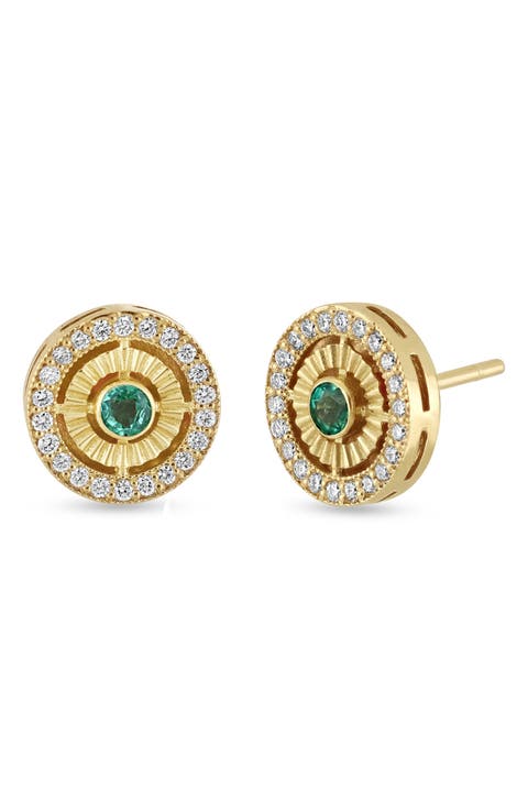 18K Gold El Mar Gemstone & Diamond Circle Stud Earrings