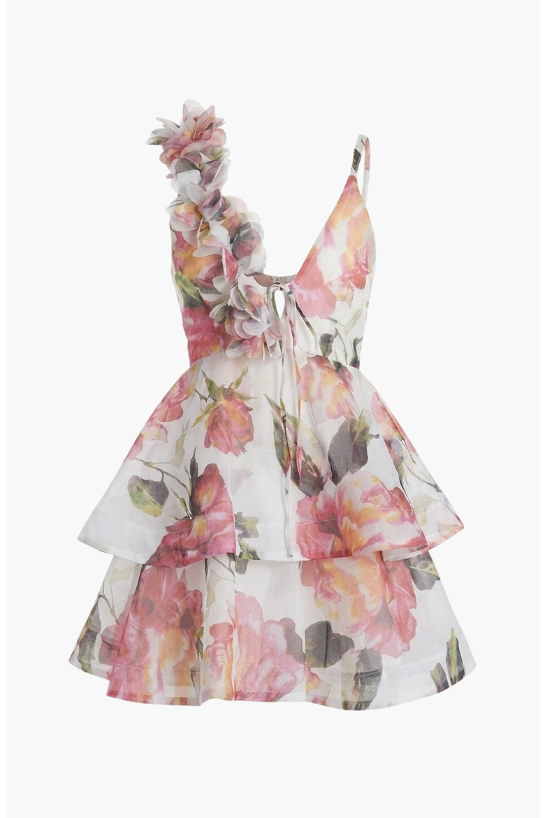 Floral Ruffle Layer Tie Waist Mini Dress, Alternate, color, White
